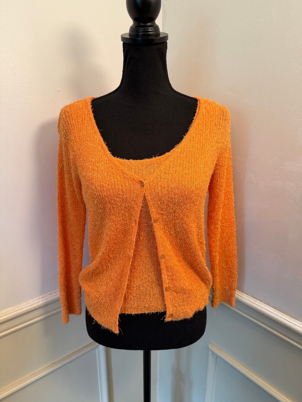 Vintage Caché Tangerine Orange Eyelash Knit Cardigan & Tank Matching Twin Set